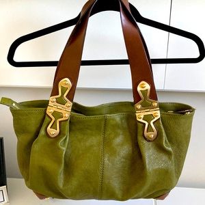 Michael Kors Lime Green Handbag with brown straps color .